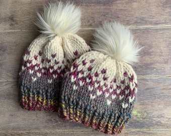 Hand Knit Fair Isle Faux Fur Pom Pom Hat For Winter, Women's Wool Blend Chunky Winter Beanie, Teen Girl's Pom Hat