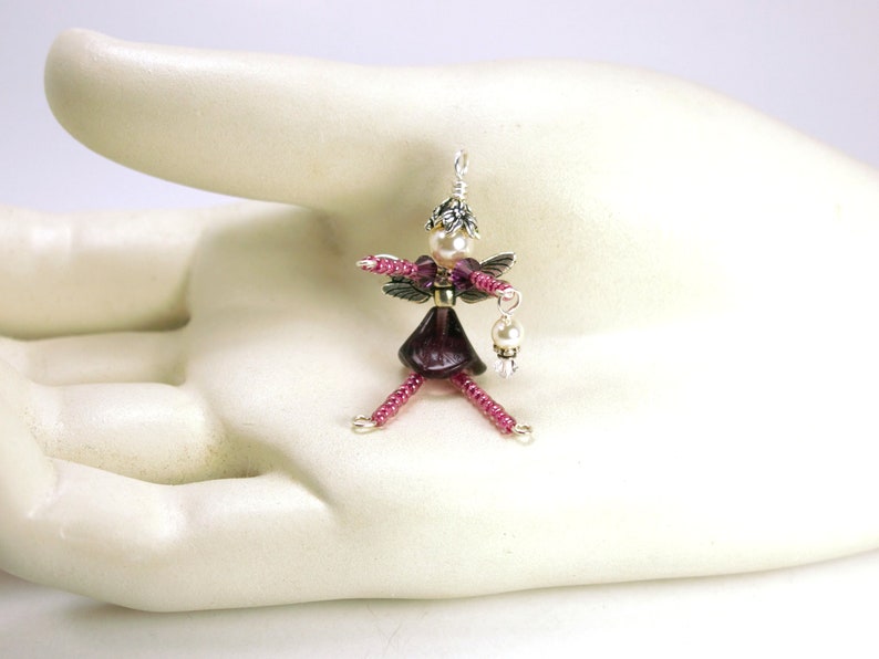 Flower Fairy Ornament, Pink & Purple Fairy Charm, Beaded Faery Zipper Pull, Miniature Faerie Accessory, Wine Bottle Decoration Hostess Gift image 9