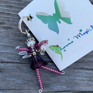 Flower Fairy Ornament, Pink & Purple Fairy Charm, Beaded Faery Zipper Pull, Miniature Faerie Accessory, Wine Bottle Decoration Hostess Gift image 6