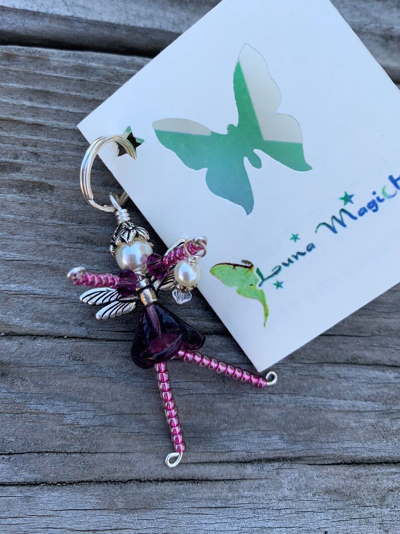 Flower Fairy Ornament, Pink & Purple Fairy Charm, Beaded Faery Zipper Pull, Miniature Faerie Accessory, Wine Bottle Decoration Hostess Gift image 6