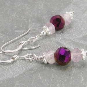 Handmade Fuchsia Pink Dangle Earrings Beaded with Fluorite Sterling Silver and Glass Beads