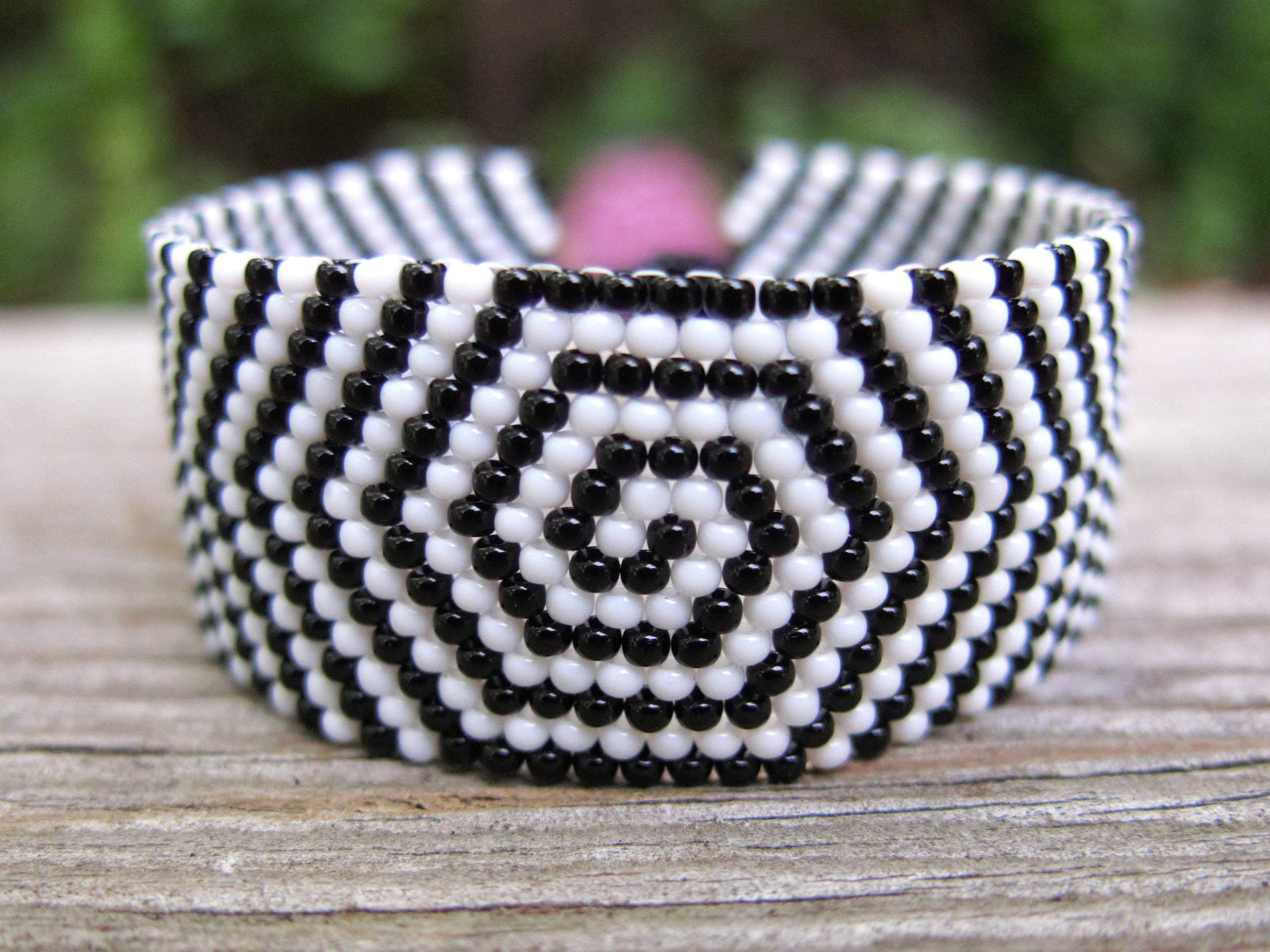 Peyote Stitched Handmade Clearance Sale Needle Beaded Cuff Bracelet in an Art Deco Design in Black and Silver