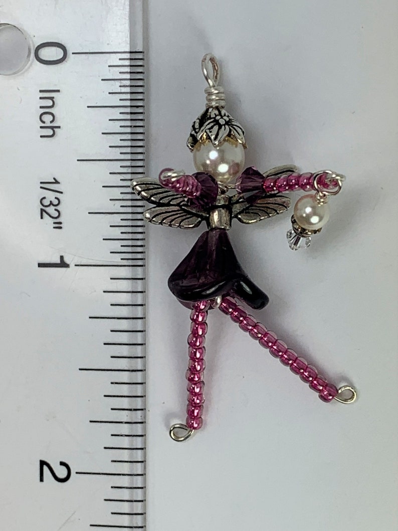 Flower Fairy Ornament, Pink & Purple Fairy Charm, Beaded Faery Zipper Pull, Miniature Faerie Accessory, Wine Bottle Decoration Hostess Gift image 10