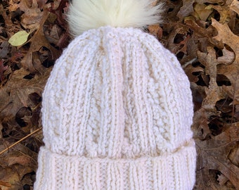 Knitted Wool Hat, Irish Celtic Cable Knit Hat, Off White Ivory Cream Aran Hat, Winter Pom Pom Hat