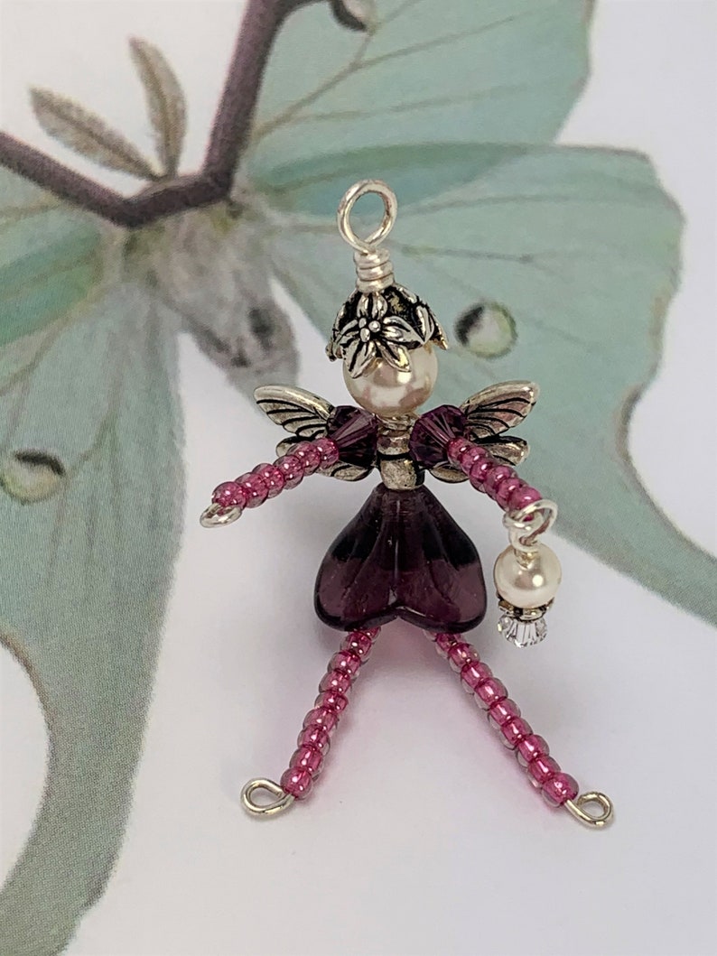Flower Fairy Ornament, Pink & Purple Fairy Charm, Beaded Faery Zipper Pull, Miniature Faerie Accessory, Wine Bottle Decoration Hostess Gift image 8