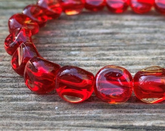 Red Glass Beaded Stretch Bracelet, Ruby Red Twist Nugget Bead Bracelet, Minimalist Red Jewelry, Gift for Her, Boho Friendship Bracelet