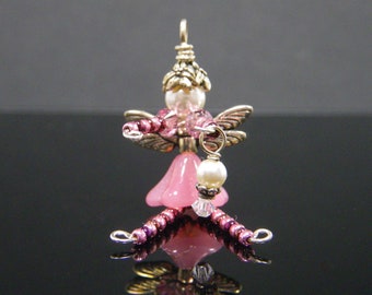 Pink Flower Fairy Ornament, Tween Girl Birthday Fairy Charm, Miniature Figurine Dragonfly Fairy Decoration, Zipper Pull, Tooth Fairy Gift