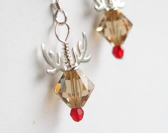 Reindeer Earrings, Rudolph Red Nose Swarovski Crystal Christmas Jewelry