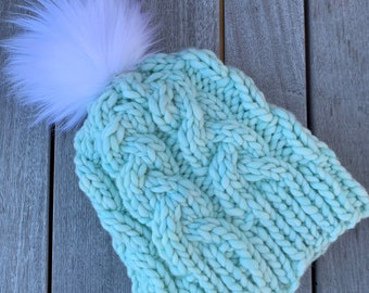 Merino Wool Cable Knit Hat with Faux Fur Pom Pom, Hand Knitted Small Adult/Teen Chunky Knit Winter Beanie in Light Green, Pale Mint Green