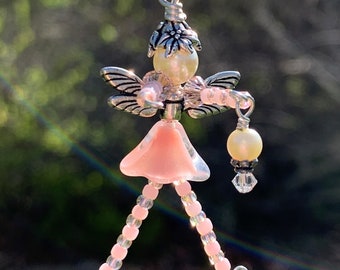 Bubblegum Pink Beaded Fairy Ornament, Breast Cancer Awareness Pixie, Tooth Fairy Gift, Magic Good Luck Faery Charm, Zipper Pull Lucky Charm