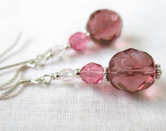 Pink Dangle Earrings with Graduated Glass Beads and Sterling Silver, Jewelry Set For Her, Valentine's Day Girlfriend Gift, Anniversary Gift