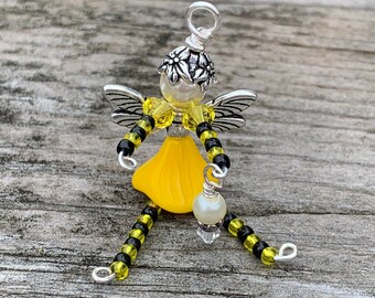 Bumble Bee Flower Fairy Charm with Magic Fairy Dust, Dragonfly Fairy Ornament, Bumblebee Zipper Pull Decoration, Mini Black and Yellow Fairy