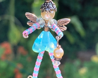 Blue and Pink Beaded Fairy Charm, Zipper Pull, Tooth Fairy Gift, Pink Fairy Ornament, Tween Girl Gift, Girl Birthday, Gift Under 10