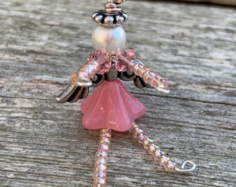 OCTOBER Birthday Angel - Guardian Angel Charm - Pink Angel - Breast Cancer Angel - Angel Wing - Girl Gift - Package Decoration -Beaded Angel