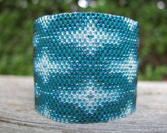 Hand Woven Teal Seed Bead Cuff Bracelet, Peyote Stitch Jewelry