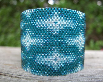 Beaded Cuff Bracelet, Hand Woven Teal Seed Bead Bracelet, Bead Weave Peyote Stitch Jewelry