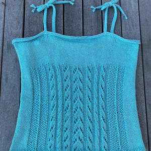Adjustable Aqua Blue Cotton Cable-Knit Tank Top, Knit Summer Top