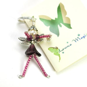 Flower Fairy Ornament, Pink & Purple Fairy Charm, Beaded Faery Zipper Pull, Miniature Faerie Accessory, Wine Bottle Decoration Hostess Gift image 5