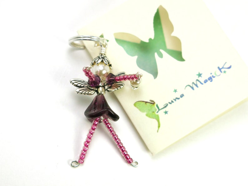 Flower Fairy Ornament, Pink & Purple Fairy Charm, Beaded Faery Zipper Pull, Miniature Faerie Accessory, Wine Bottle Decoration Hostess Gift image 5