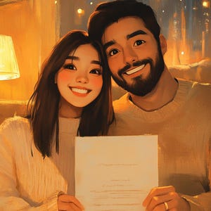 Pu&ograve; includere: Una coppia sorride e tiene un documento bianco con del testo. L'uomo ha la barba e indossa un maglione beige. La donna indossa un maglione beige e ha i capelli lunghi e scuri. Lo sfondo &egrave; di colore caldo, sfocato, giallo e arancione con luci.