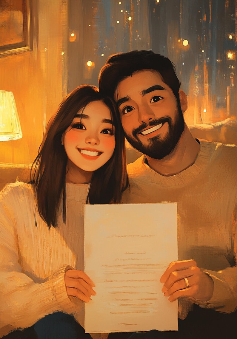 Pu&ograve; includere: Una coppia sorride e tiene un documento bianco con del testo. L'uomo ha la barba e indossa un maglione beige. La donna indossa un maglione beige e ha i capelli lunghi e scuri. Lo sfondo &egrave; di colore caldo, sfocato, giallo e arancione con luci.
