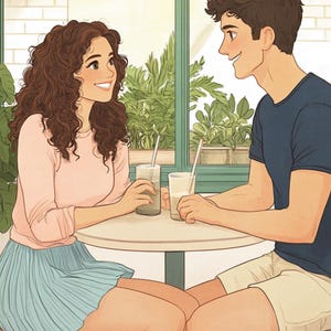 Pu&ograve; includere: Una coppia seduta a un tavolo in un caff&egrave;, si sorridono. Entrambi tengono bevande ghiacciate con cannucce. La donna ha lunghi capelli castani ricci e indossa un maglione rosa e una gonna blu. L'uomo ha capelli castani corti e indossa una maglietta blu e pantaloncini beige.