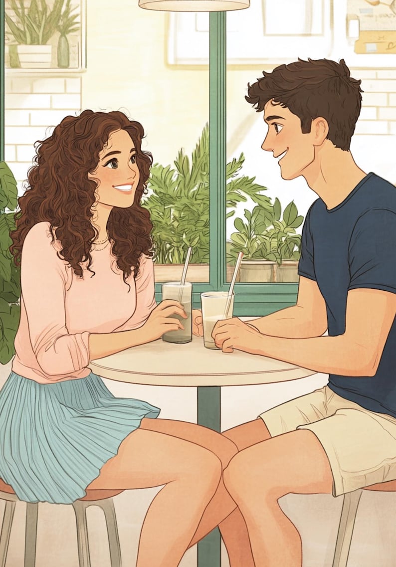 Pu&ograve; includere: Una coppia seduta a un tavolo in un caff&egrave;, si sorridono. Entrambi tengono bevande ghiacciate con cannucce. La donna ha lunghi capelli castani ricci e indossa un maglione rosa e una gonna blu. L'uomo ha capelli castani corti e indossa una maglietta blu e pantaloncini beige.