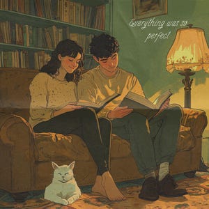 Pu&ograve; includere: Una coppia &egrave; seduta su un divano a leggere libri, con un gatto bianco seduto sul pavimento di fronte a loro. La stanza &egrave; decorata con una libreria piena di libri e una lampada con una luce gialla calda. Il testo "Everything was so perfect" &egrave; scritto sul muro.