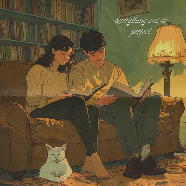Pu&ograve; includere: Una coppia &egrave; seduta su un divano a leggere libri, con un gatto bianco seduto sul pavimento di fronte a loro. La stanza &egrave; decorata con una libreria piena di libri e una lampada con una luce gialla calda. Il testo "Everything was so perfect" &egrave; scritto sul muro.