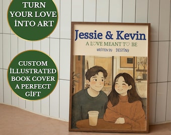 May include: Custom illustrated book cover featuring a couple in a cafe setting. The cover is titled "Jessie & Kevin: A Love Meant to Be, Written by Destiny".