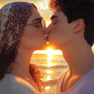 Pu&ograve; includere: Una coppia che si bacia al tramonto su una spiaggia. La donna indossa un foulard e degli occhiali. L'uomo ha i capelli corti e castani. Il cielo &egrave; arancione e rosa.