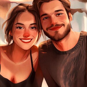 Pu&ograve; includere: Un ritratto ravvicinato di una coppia che sorride alla telecamera. La donna indossa una canotta nera e l'uomo indossa un maglione marrone.