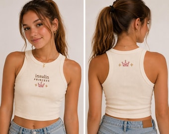Insulin Princess Embroidered Bella + Canvas Ribbed Crop Tank | Type 1 Diabetes Apparel | Cute T1D Tank Top | Diabetic Girl Gift