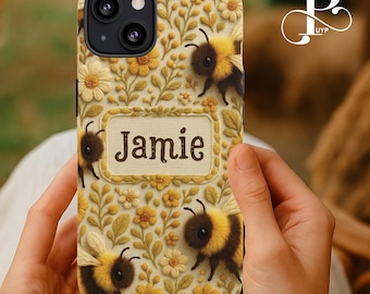 Custodia per telefono a forma di ape personalizzata, motivo floreale ricamato con nome, graziosa cover Cottagecore Bumblebee, per iPhone 16, 15, 14, 13, 12, 11, Samsung, Pixel