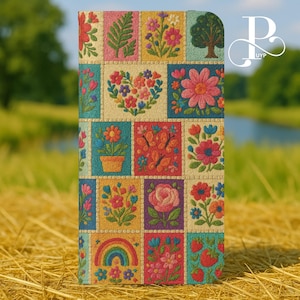 Funda plegable de patchwork con diseño floral bordado, regalo ideal, estampado de fresas, estilo cartera cottagecore, para iPhone 16, 15, 14, 13, 12 y 11, Samsung
