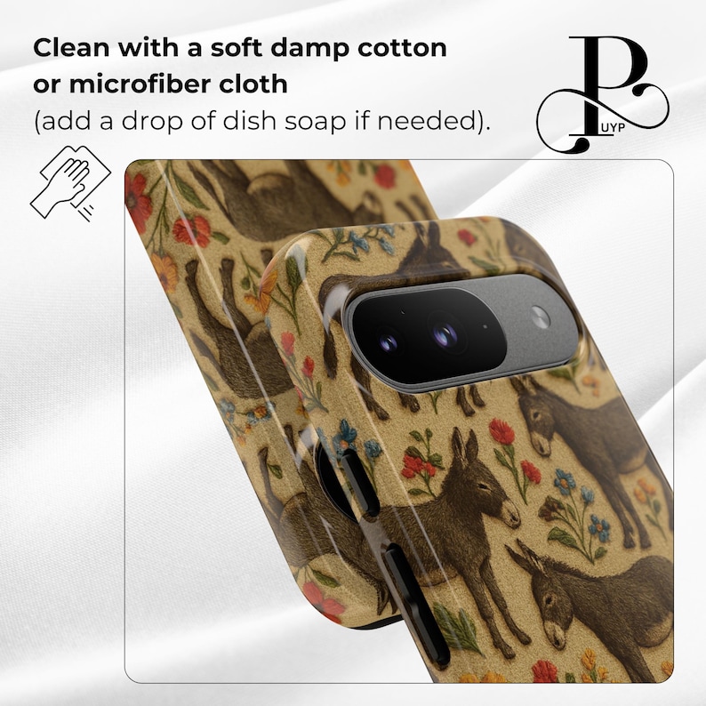 May include: A phone case with a brown and beige background featuring a repeating pattern of donkeys and flowers. The case has a black camera lens and a cutout for the phone's camera.