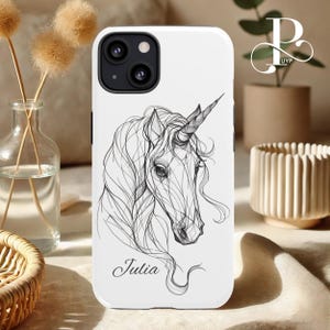Custodia per telefono unicorno personalizzata, regalo personalizzato stravagante, stampa artistica lineare, iPhone 16 15 14 13 12 11 Plus Pro Max unico, Samsung Galaxy, Pixel