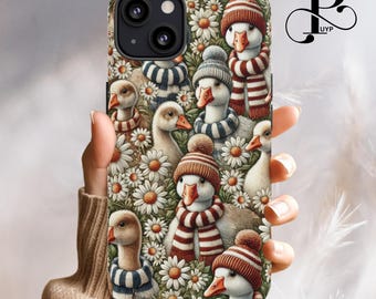 Etui na telefon Geese in Bloom do iPhone'a 16 15 14 13 12 11 Plus Pro Max, Samsung Galaxy, Pixel, urocze haftowane kwiaty Cottagecore, wytrzymała okładka