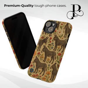 May include: A phone case with a brown background and a pattern of donkeys and flowers. The case is designed for an iPhone with a camera bump.