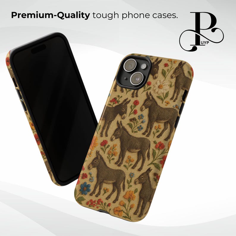 May include: A phone case with a brown background and a pattern of donkeys and flowers. The case is designed for an iPhone with a camera bump.