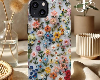 Embroidered Wildflowers Phone Case, Unique Floral Gift, Tough Cover, Cute iPhone 16 15 14 13 12 11 Plus Pro Max, Samsung Galaxy S24, Pixel 9