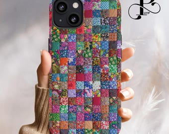 Floral Patchwork Phone Case, Quilt Design, Colorful Fabric Pattern, Tough Cover iPhone 16 15 14 13 12 11 Plus Pro Max, Samsung Galaxy, Pixel