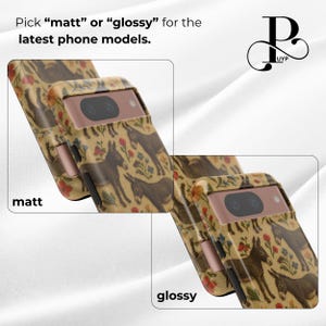May include: Two phone cases with a donkey and floral pattern. One case has a matte finish and the other has a glossy finish. The text "Pick "matt" or "glossy" for the latest phone models." is at the top of the image.