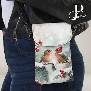 Carteira de telefone fofa, presente para amantes de pássaros, pássaros de inverno, bolsa tiracolo para celular, leve e compacta, bolsa de telefone para iPhone/Samsung/Pixel
