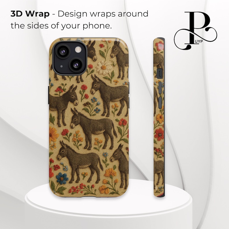 May include: A phone case with a 3D wrap design featuring a repeating pattern of brown donkeys and colorful flowers on a beige background. The text "3D Wrap - Design wraps around the sides of your phone." is at the top of the image.