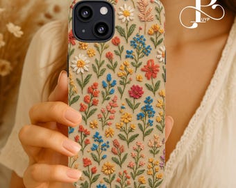 Cute Wildflower Phone Case, Embroidered Floral Print, Flower Lover Gift, Unique Tough Cover iPhone 16 15 14 13 12 11 Pro Max, Samsung, Pixel