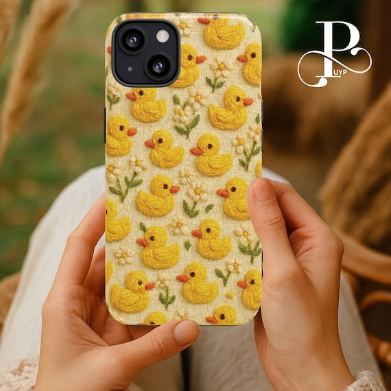 Duck Phone Case, Embroidered Look Yellow Duck Pattern, Cute Animal Gift,  Kawaii Boho Cover, iPhone 16 15 14 13 12 11 Pro Max, Samsung, Pixel