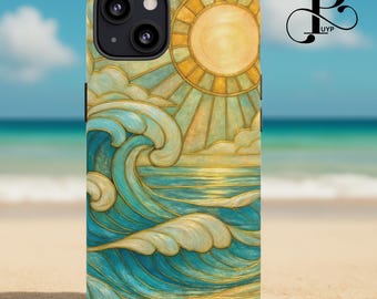 Ocean Wave & Sun Phone Case, Stained Glass Beach Design, Coastal Aesthetic Gift, Sunset Sea Art, iPhone 16 15 14 13 12 11, Samsung, Pixel
