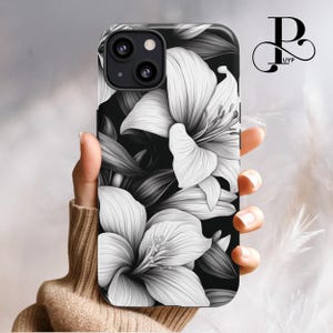 Lily Flowers Phone Case, Romantic Gift, Black White Floral Print, Tough Cover iPhone 16 15 14 13 12 11 Plus Pro Max, Samsung Galaxy, Pixel