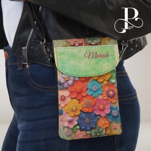 Cartera para teléfono con flores silvestres bordadas personalizadas, regalo floral, bolso cruzado para teléfono móvil, tarjetero, bolso liviano para iPhone/Samsung/Pixel